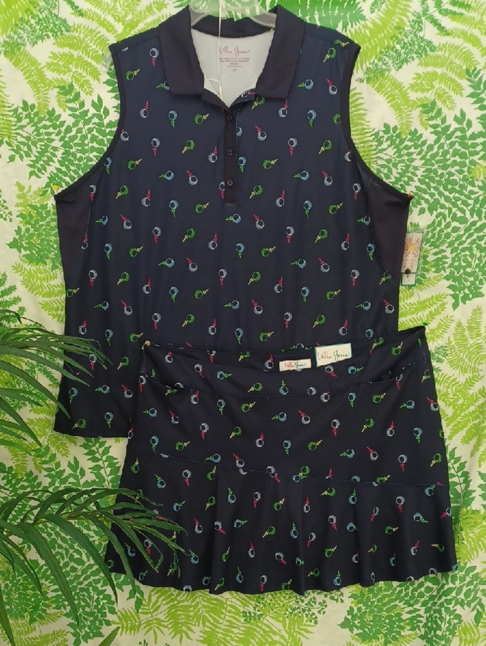 NWT Lillie Green Navy Sleeveless Polo and Skort in Tennis Racket Print. 2X & XL
